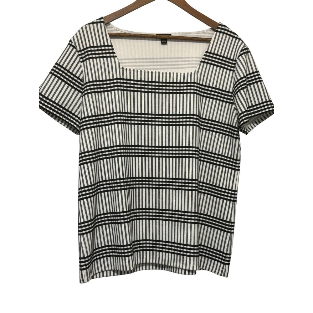 Ann Taylor Womens XL White Black Top Square Neck Striped Career Mature Classic